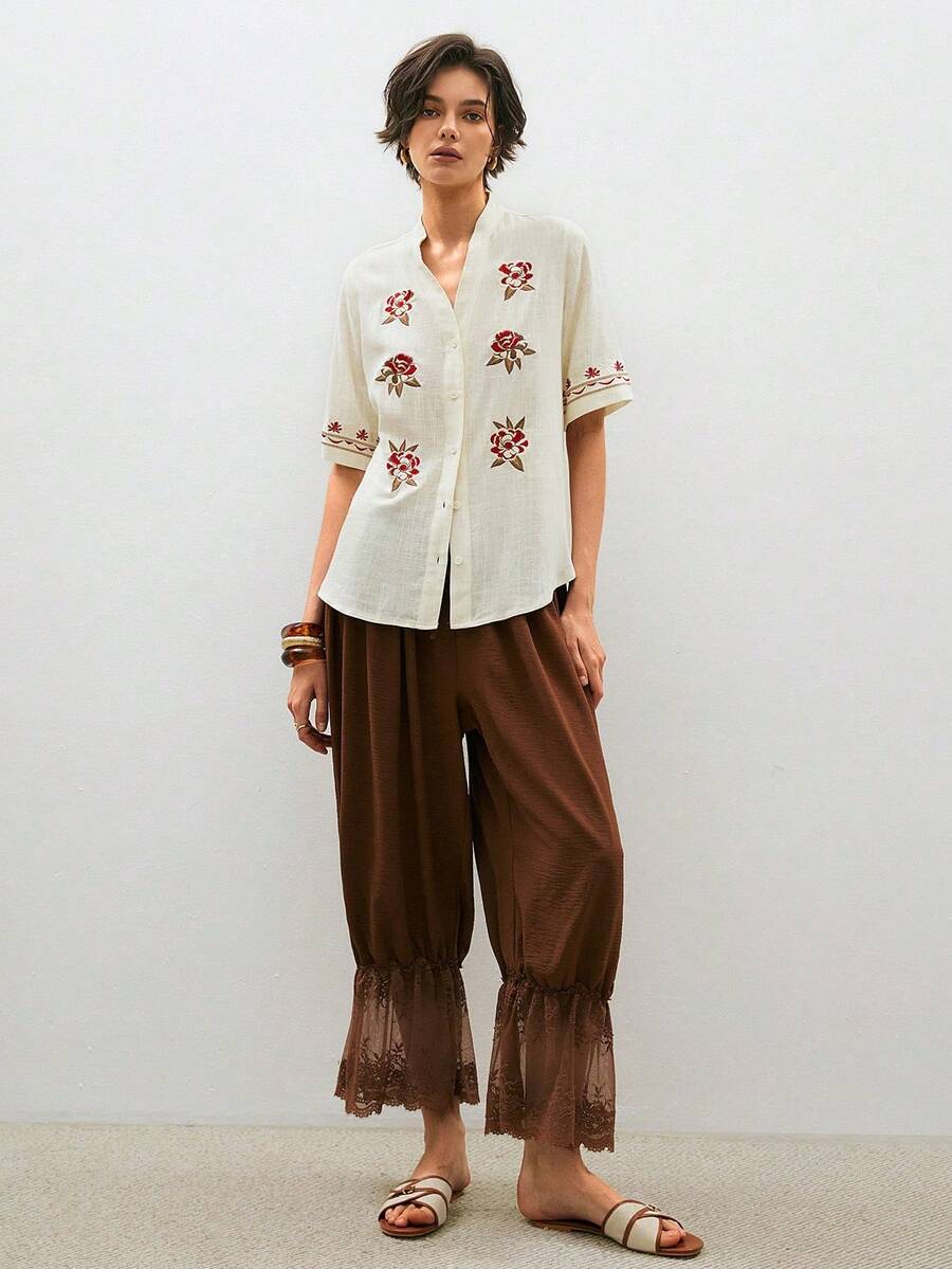 2026 Studio Camisa casual de mujer con decoración de bordado floral de manga corta - Blanco - Ver 1