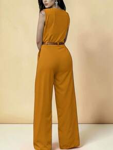 Elegant Palazzo Jumpsuit With Crossover Neckline And Adjustable Belt Included - Ginger - View 2
