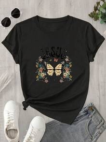 Top de mujer de manga corta y cuello redondo con estampado de mariposas y Jesús, apto para todas las estaciones. - Negro - Ver 1