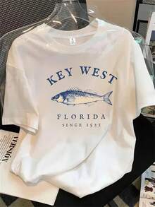 Top de manga corta con cuello redondo y estampado del logo de West Florida para mujer, apto para todas las estaciones. - Blanco - Ver 1