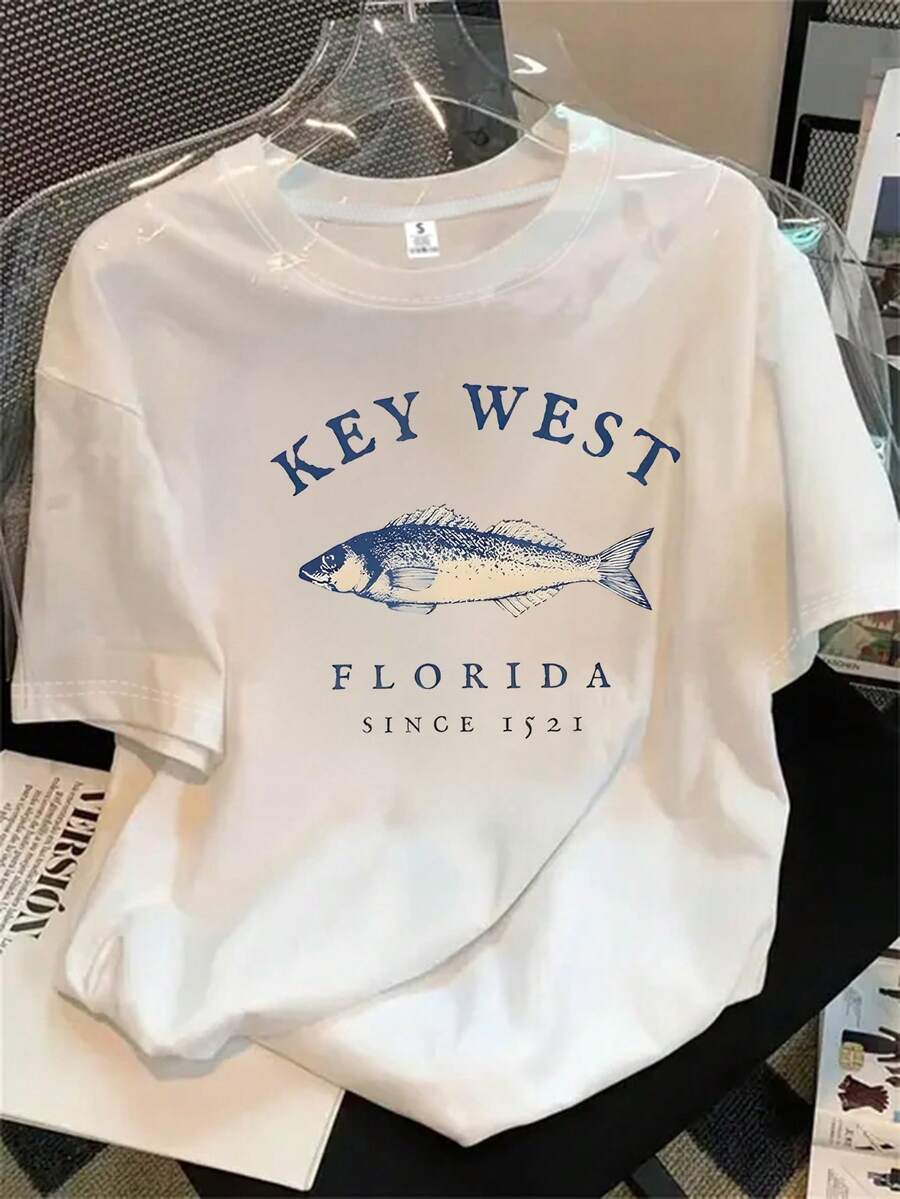 Top de manga corta con cuello redondo y estampado del logo de West Florida para mujer, apto para todas las estaciones. - Blanco - Ver 1