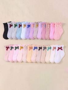 10 paia di calzini alla caviglia con volant colorati casuali per bambini, decorati con fiocco bianco, calzini comodi, traspiranti e morbidi, adatti per neonati e bambini piccoli - Multicolore - Visualizzare 5