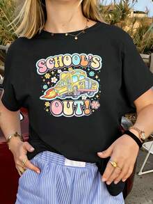 Camiseta de verano para mujer con estampado de autobús escolar, algodón premium, corte holgado y cómodo, estilo hip-hop urbano, estampado gráfico único. - Negro - Ver 1