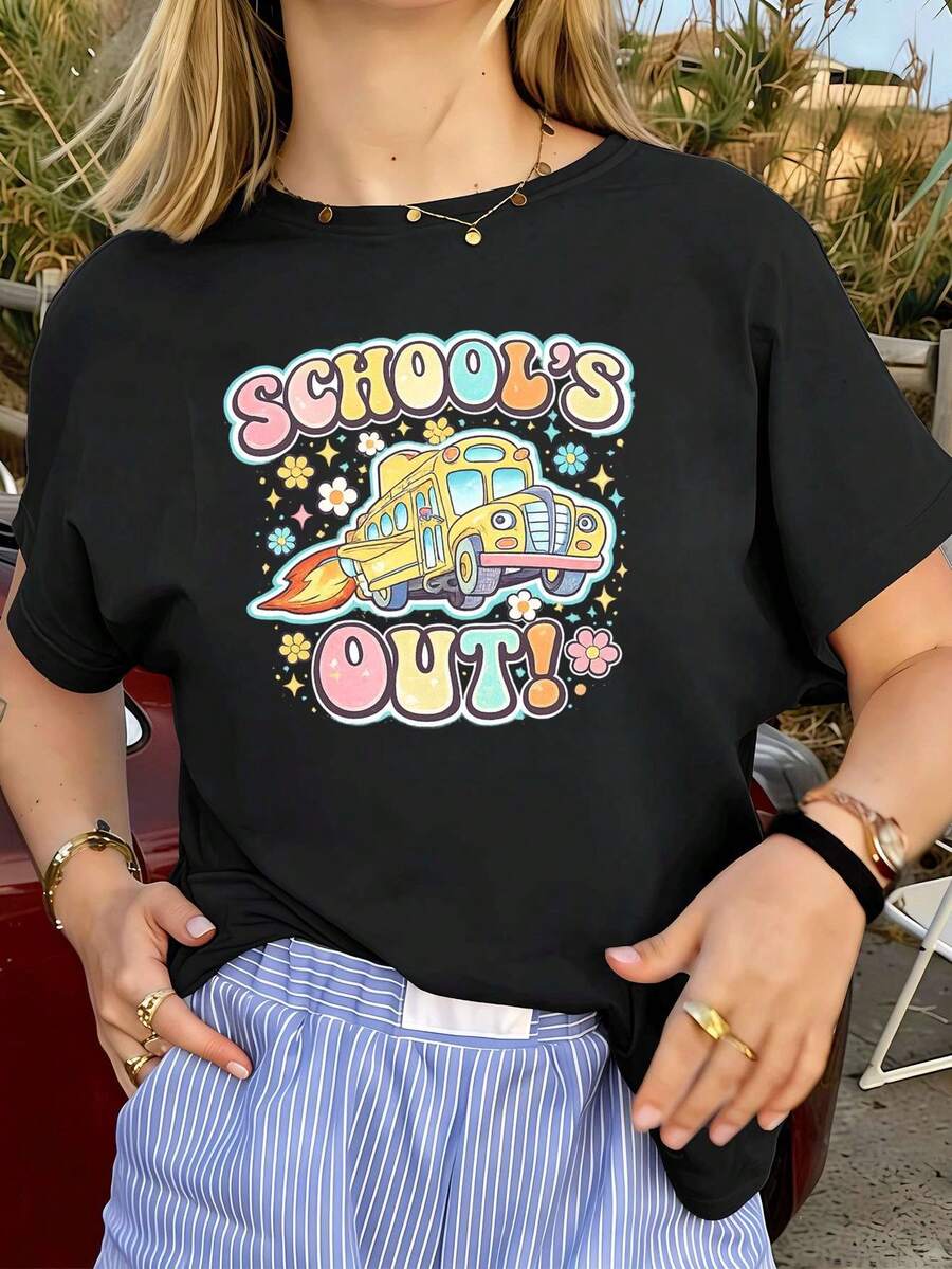Camiseta de verano para mujer con estampado de autobús escolar, algodón premium, corte holgado y cómodo, estilo hip-hop urbano, estampado gráfico único. - Negro - Ver 1