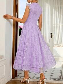 Women's Wedding Guest Dress, New And Elegant Fan-Shaped Lace Flared Dress, Retro Sleeveless Lace Dress, Suitable For Wedding Bridesmaid Dress, Evening Party, Casual Romantic Dates - 灰綠 - 查看 2