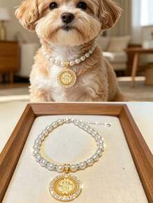 1pc Luxury Pearl Pet Necklace, Gold Coin Pendant Collar For Small Dogs Cats, Fashion Accessory Kawaii Aesthetic Pearl Pet Collar, Shiny Gold Coin Pendant Necklace For Dogs Cats, Pet Jewelry - Multicolor - View 9