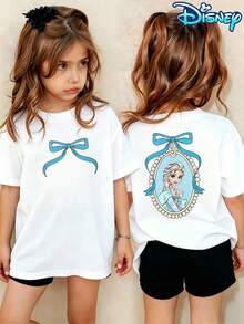 Disney Frozen Elsa Licensed Unisex Kids Cotton Graphic Tee, Adorable Blue Bow Elsa Mirror Print T-Shirt For Boys & Girls, Sweet Birthday Gift, Casual Summer Clothes, Ideal For Family Matching Outfit, Soft Breathable Daily Wear Top - White - View 1