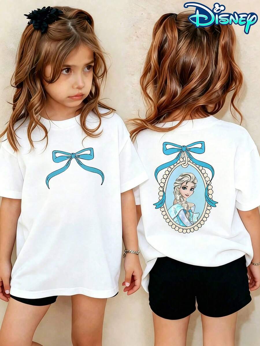 Disney Frozen Elsa Licensed Unisex Kids Cotton Graphic Tee, Adorable Blue Bow Elsa Mirror Print T-Shirt For Boys & Girls, Sweet Birthday Gift, Casual Summer Clothes, Ideal For Family Matching Outfit, Soft Breathable Daily Wear Top - White - View 1