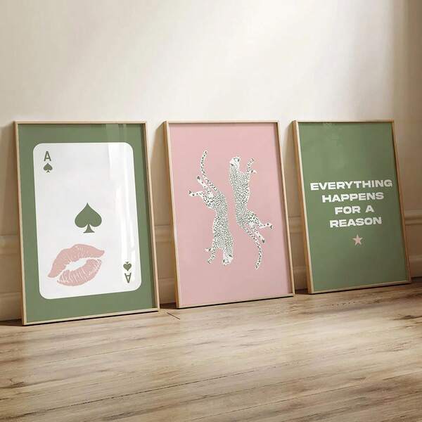 1/3pcs Sage Green And Pink Preppy Wall Art Picture Ace Of Spades Lipstick Prints Canvas Paintings Lucky Cheetah Motivational Quote Posters For Dorm Bedroom Living Room Room Decor Gift For Her Unframed