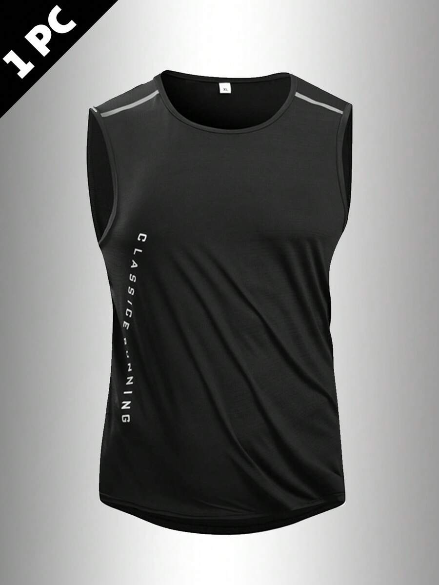 Men's Summer Sports Sleeveless Tank Top, Skin-Friendly Cool Print Breathable High Elasticity Minimalist Running Vest - Black - View 1