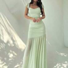 Vestido ajustado de mujer con volantes, cintura anudada y malla verde elegante, adecuado para fiestas, vacaciones, festivales de música, temporada de bodas, brunch, Día de San Patricio, vestidos largos bohemios para mujeres, Fairycore, atuendos de vacaciones, vestidos de graduación, atuendos de playa, atuendos de aeropuerto AG - Verde - Ver 1