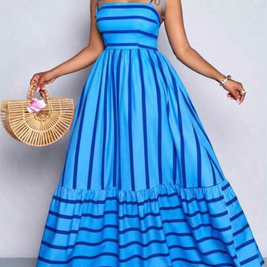 jianchaimaoyi02 Vestido maxi de estilo fluido con rayas, con tirantes y detalles de recogido en el pecho, adecuado para vacaciones, playa, ir al trabajo y uso casual, elegante vestido (floral aleatorio) - Celeste - Ver 1