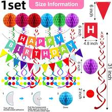 1 Set Neutral Happy Birthday Banner, Includes Colorful Paper Flags, Paper Ring Garland, Sequin Garland, Spiral Streamers And Honeycomb Balls, Complete Hanging Party Decoration Set, Suitable For Birthday, Baby Shower, Anniversary, Holiday Celebration Supplies - Multicolor - View 9