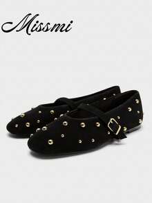 Giày Loafers nữ mũi vuông phong cách Âu Mỹ mới Xuân/Hè 2025, da mềm dễ phối đồ, giày búp bê ballet - màu đen - Xem 1