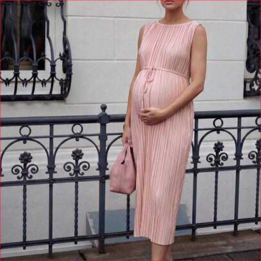 VUUG
 MaterniWear Vestido de maternidad de unicolor con cuello redondo, cintura con lazo y sin mangas - Rosa - Ver 1