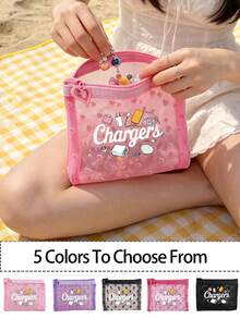Multi-Color Mesh Pouch With Creative Charging Cable Theme Pattern, Data Cable Storage Bag, Charger Storage Bag, Zipper Design To Prevent Falling, Lightweight And Large Capacity, Multi-Functional Can Simultaneously Hold Earphones, Power Bank, Data Cable, Charger, Essential Fashionable Personalized Travel Makeup Bag - Multicolor - View 1