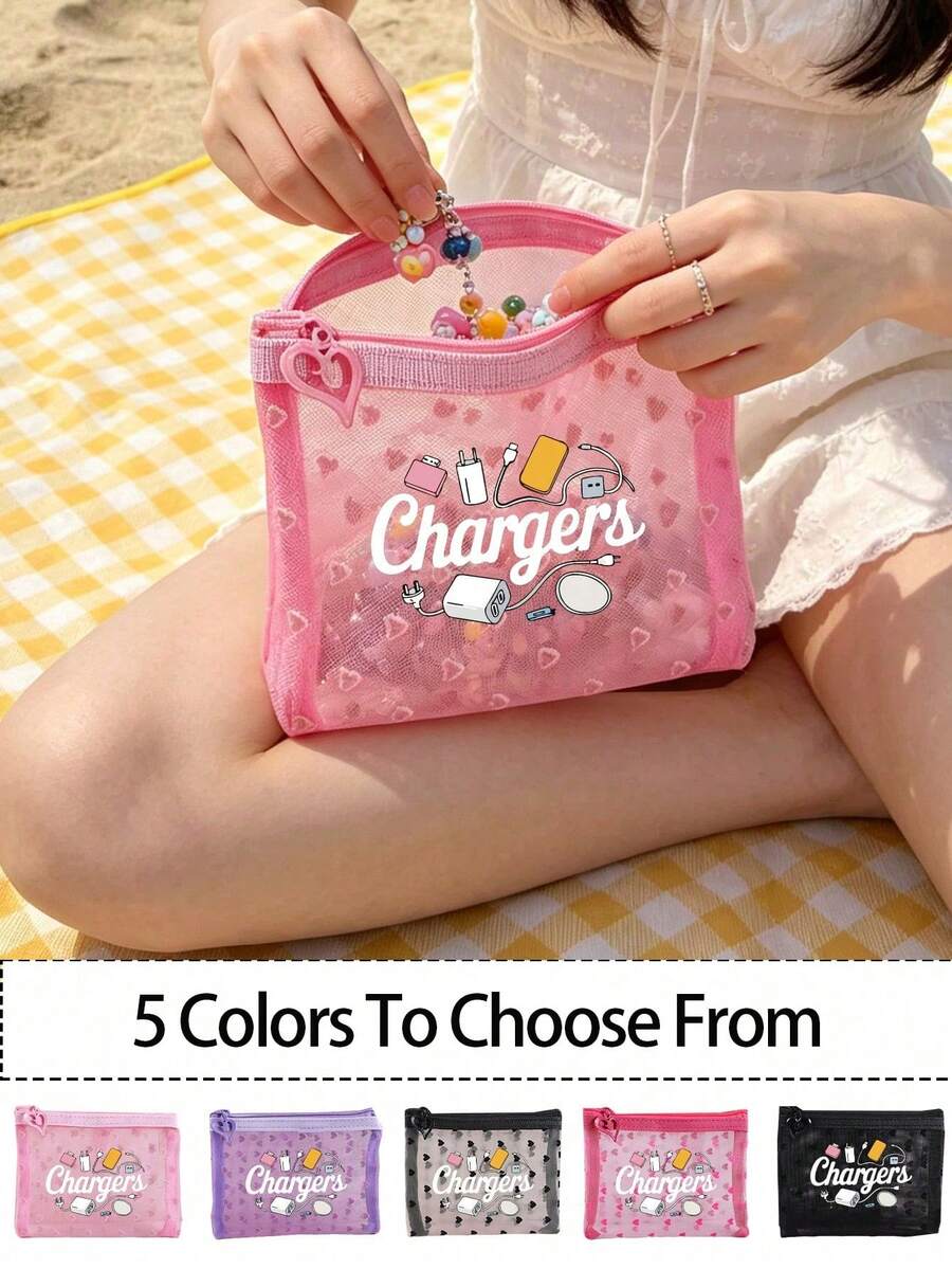 Multi-Color Mesh Pouch With Creative Charging Cable Theme Pattern, Data Cable Storage Bag, Charger Storage Bag, Zipper Design To Prevent Falling, Lightweight And Large Capacity, Multi-Functional Can Simultaneously Hold Earphones, Power Bank, Data Cable, Charger, Essential Fashionable Personalized Travel Makeup Bag - Multicolor - View 1