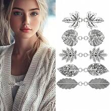 5pcs Leaf Pattern Vintage Style Waist Belt Buckle, Multi-Functional Fastening Strap Accessories, Suitable For Sweaters, Dresses And Shirts - Ancient Silver 1 - View 3
