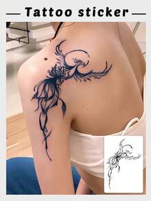 1 Pc Abstract Watercolor Phoenix Temporary Tattoo Sticker, Waterproof Long Lasting Fake Tattoo, Mythical Bird Body Art For Backs & Shoulders - Black - View 1