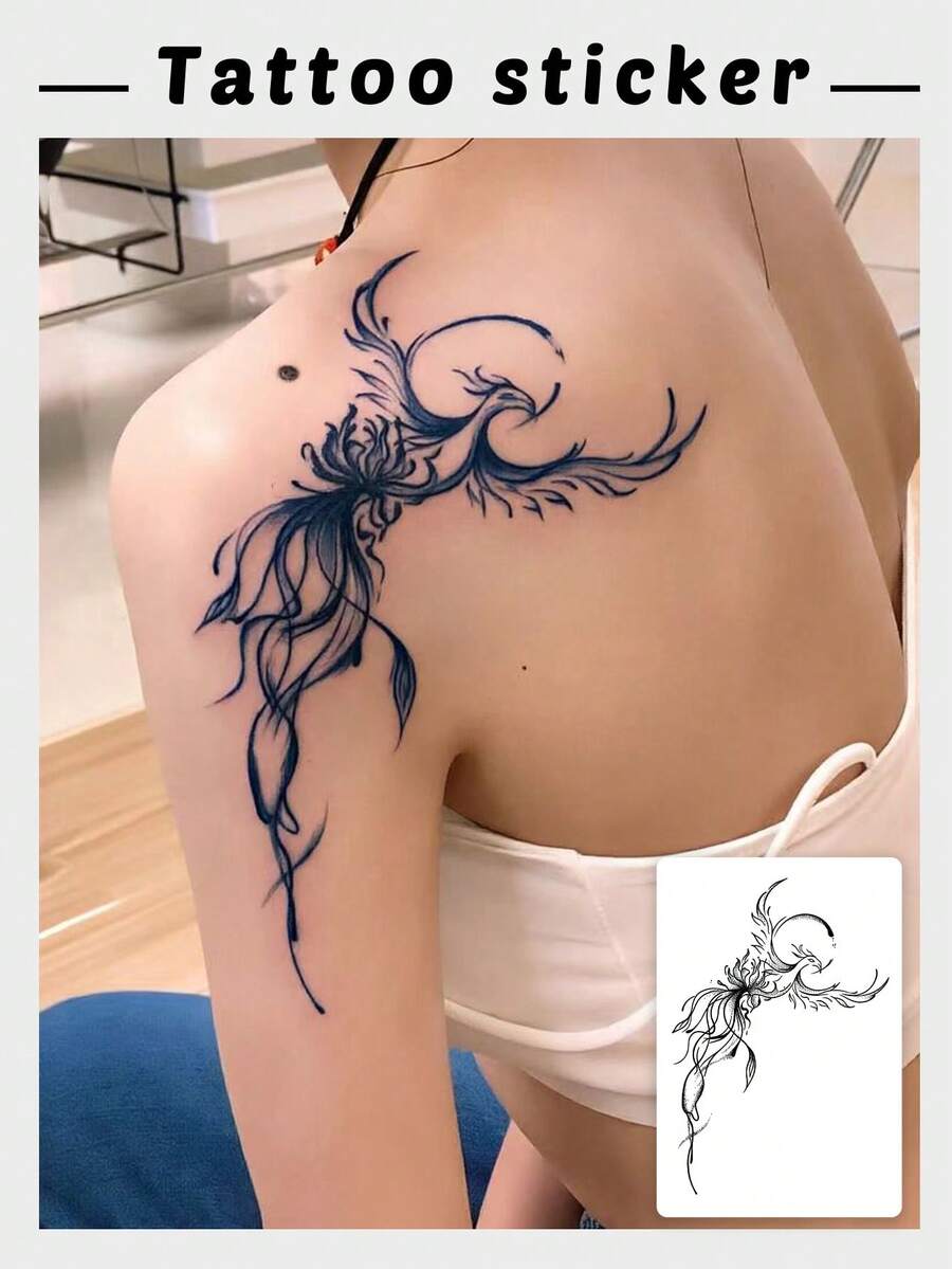 1 Pc Abstract Watercolor Phoenix Temporary Tattoo Sticker, Waterproof Long Lasting Fake Tattoo, Mythical Bird Body Art For Backs & Shoulders - Black - View 1