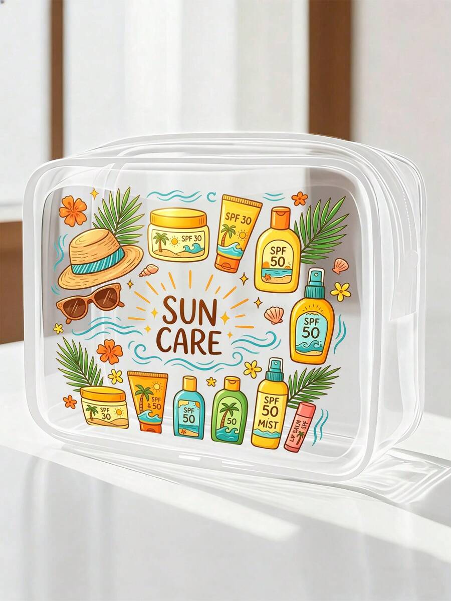 New Sun Protection Theme Print PVC Waterproof Toiletry Bag, PVC Beach Bag, Fresh Hand-Drawn Sun And Sun Protection Design, Summer Sun Care Storage Gift, PVC Travel Organizer Bag With Zipper, Lightweight Fade-Resistant Makeup Toiletry Bag Suitable For Women And Men, Easy-To-Wipe Design, Makeup Bag Suitable For Mothers, Teachers, Friends, Nurses, School Vacation Holiday Back-To-School Supplies Toiletry Bag - Multicolor - View 1