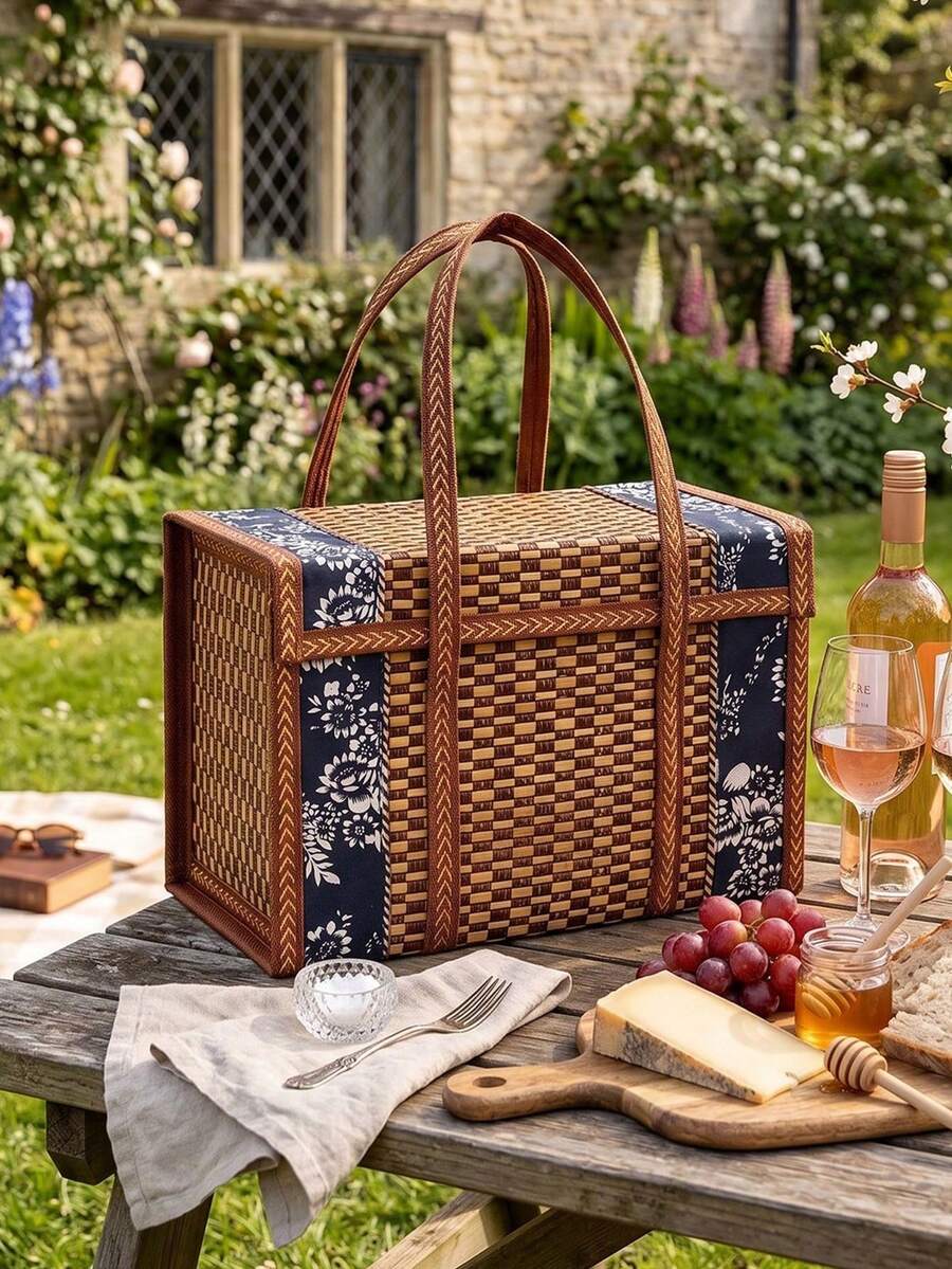 1pc Navy Floral Woven Picnic Basket, Vintage Pastoral Style Faux Rattan Square Storage Basket With Reinforced Handles And Large Capacity Design, Waterproof Lining For Thermal Insulation, Rectangular Woven Storage Box, Suitable For Picnic, Food & Snack Storage, Fruit Storage, Kitchen Organization, Home Decor, Gift Packaging - Multicolor - View 1