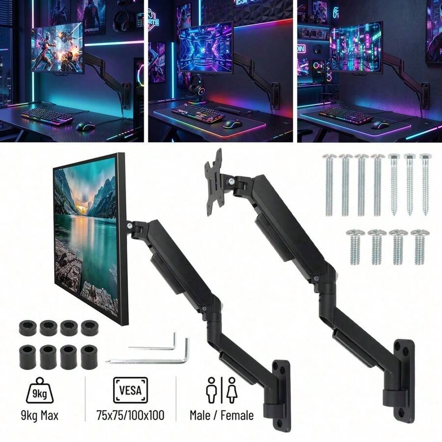 Gasfeder-Monitorwandhalterung, geeignet für Monitore von 17 bis 32 Zoll, voll verstellbarer Arm, Tragfähigkeit 9 kg, mit Dreh-, Neige- und Schwenkfunktion, geeignet für PC-Monitore und kleine Fernsehbildschirme, geeignet für Heimbüros. - Übersicht 1