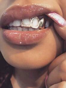 1pc Removable Hip-Hop Style Double Hollow Tooth Grillz Teeth Decoration For Women And Men - Gold - View 8