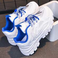 1 Pair 2025 Summer New Kids Sports Mesh Shoes, Breathable White Athletic Sneakers For Big Girls - Blue - View 2