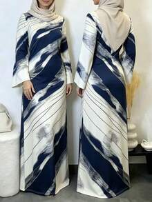 Women's Long Knitted Arabic Style Dress, Round Neck Abstract Pattern, Flared Long Sleeves, Abaya Style - Navy Blue - View 4