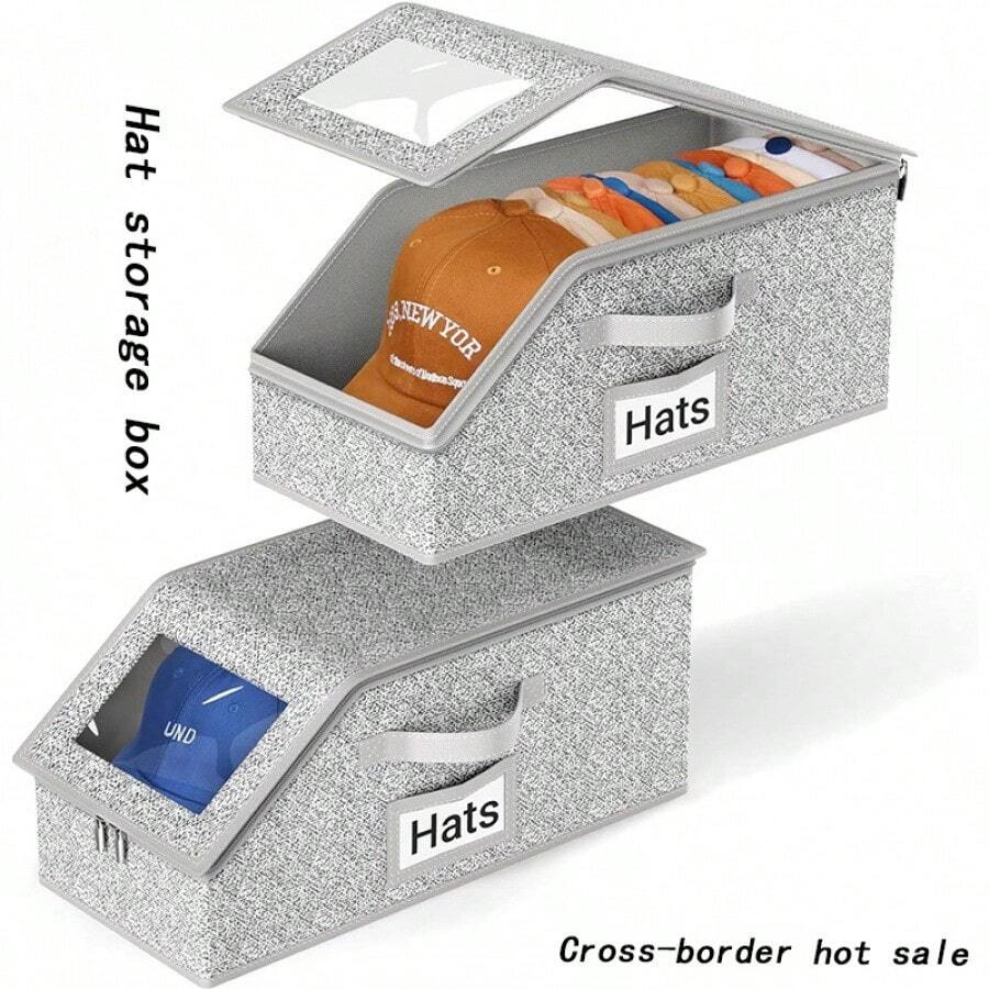 2pcs Transparent Hat Storage Box, Multi-Functional Large Capacity Foldable Baseball Cap Storage Box With Lid Dust-Proof - Gray Hat Box [42*22*17cm] - View 1