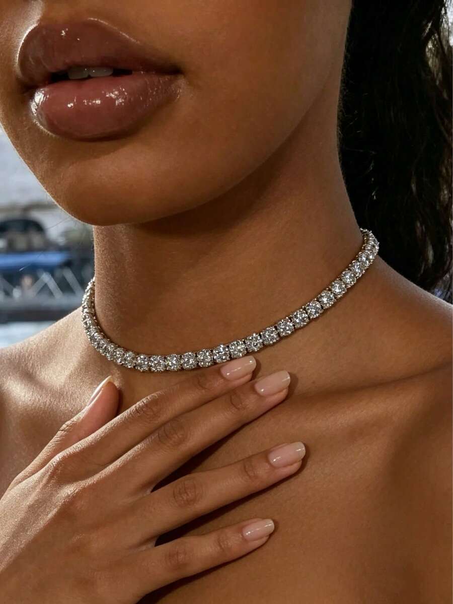 1 pieza Collar de mujer estilo europeo y americano chapado en oro, adecuado para ocasiones formales, decoración del cuello y uso diario - Plateado - Ver 1