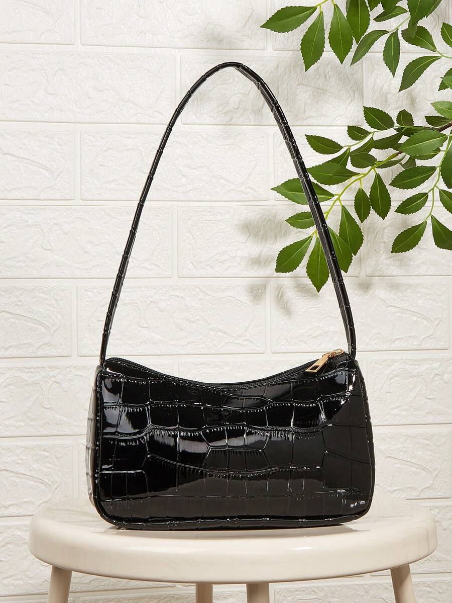 Bolso de hombro minimalista con relieve de cocodrilo brillante - Negro - Ver 1