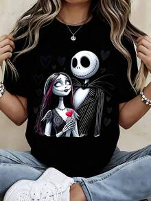 Disney Crew Neck  T Shirt Black Jack Skellington And Sally Print For Halloween Party And Casual Wear - 黑色 - 查看 2