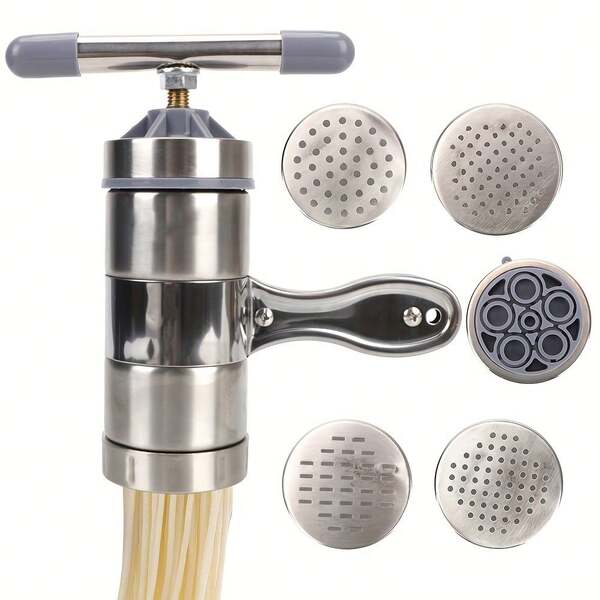 Stainless Steel Manual Pasta Maker With 5 Interchangeable Molds - Multifunctional Noodle Press For Homemade Pasta And Juicing