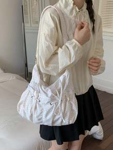 日韓風小蝴蝶結圓點印花布料女款休閒百搭單肩包，實用多口袋輕量可折疊布包，拉鍊開合，可調節長肩帶，適合日常使用，中學、高中及大學生的學院風，簡約可愛甜美風，含褶皺設計、多口袋及抽繩前口袋 - 彩色 - 查看 7