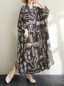 AZAH Halloween Elegant Ball 夏季女款休閒度假波希米亞風圖案全裙掛脖中長洋裝，薄款修身剪裁 - 黑色 - 查看 2