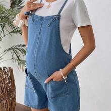 YYRR  Shorts vaqueros cortos sencillos con tirantes y bolsillo para maternidad, uso casual diario - Azul lavado oscuro - Ver 5