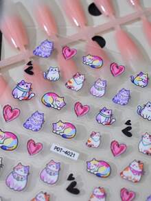 1pc Embossed Thin & Tough Watercolor Cat Heart Nail Stickers, Cartoon Theme, Shiny Glossy Effect, Asymmetrical Shape, Suitable For Women's Manicure, Foot Care, Holiday Decoration - Multicolor - View 3