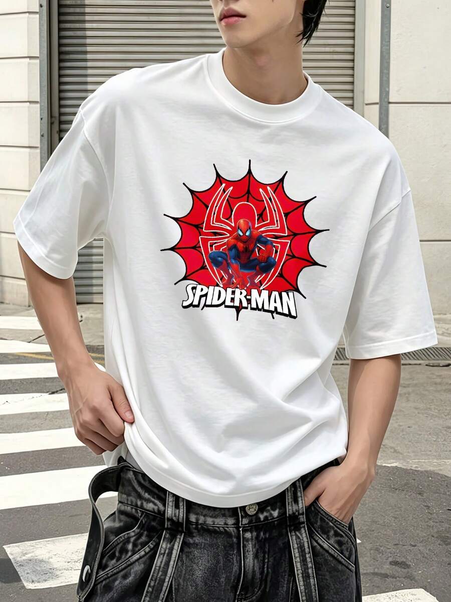 Marvel Spider-Man Web Design Red Graphic T-Shirt 100% Cotton Men's Clothing Men's Shirt Men's Summer Clothing Marvel Series Gift Ideas For Men Streetwear For Men - 白色 - 查看 1