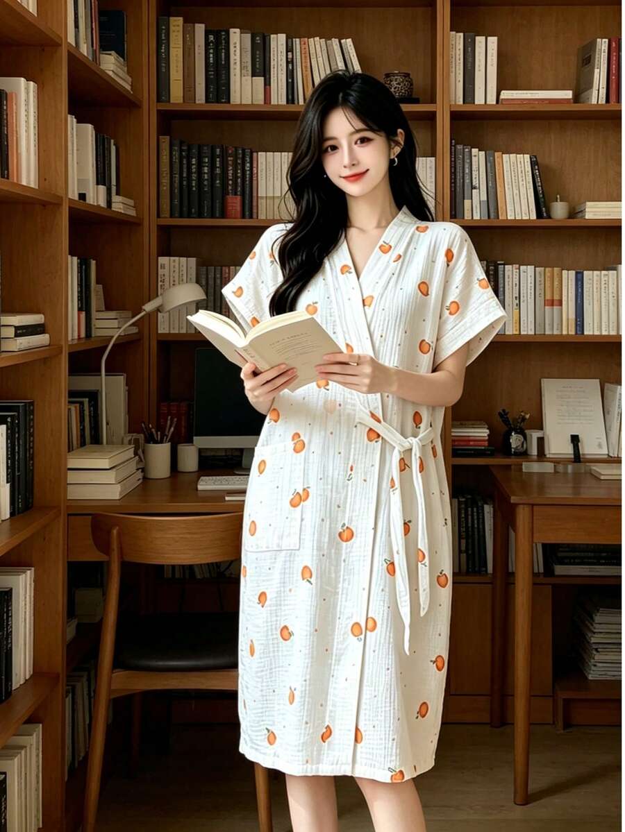 純棉紗布印花前綁帶浴袍，透氣和服風居家服，適合成人，浴室桑拿晨袍 - 水果 - 查看 1