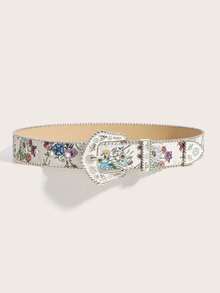 1pc Western Bohemian Style White Floral Carved Metal Buckle Women's Western Cowboy Fashion Belt, Suitable For Skirts, Dresses, Daily Wear, Fashion Style, Outdoor Activities, Gatherings, Parties, Christmas, Valentine's Day, Back To School Season, Halloween, Music Festivals, Autumn/Winter Accessories, All Season Outfits, Women, Mothers, Daily Commute, Vacation, Graduation Gifts, Birthday Accessories - White Pattern - View 2
