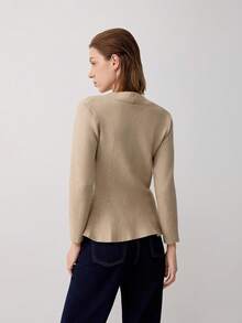 V-Neck Long Sleeve Knit Cardigan With Skirt Hem - Light Khaki - View 2