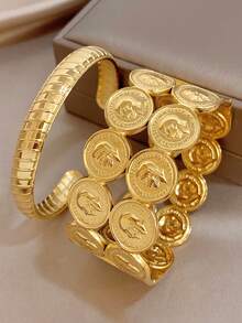 Luxury Vintage Coin Badge Wide Bangle Bracelet For Women, Stainless Steel Jewelry Set, Beach Summer Boho Mom Gifts,For Daily Party Birthday Valentine - Multicolor - View 9