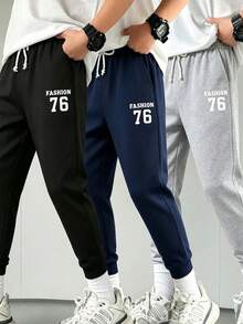 Set de 3 pantalones deportivos con cordón y estampado numérico para niños pequeños en otoño - Multicolor - Ver 1