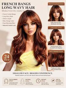 20 Inch Copper Red Long Curly Wig With Face-Framing Bangs, Heat-Resistant Synthetic Hair, Natural And Beautiful, Suitable For Daily Wear, Parties, Holidays And Cosplay - Burnt Orange - View 9