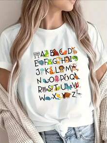 Black Polyester Short-Sleeved T-Shirt Decorated With Letter And Animal Prints, Suitable For Halloween Themes, Casual Wear At Home, And Parties. Lightweight And Durable, Ideal For Wearing In The Living Room Or Dining Room. 100% Cotton. - 白色 - 查看 1