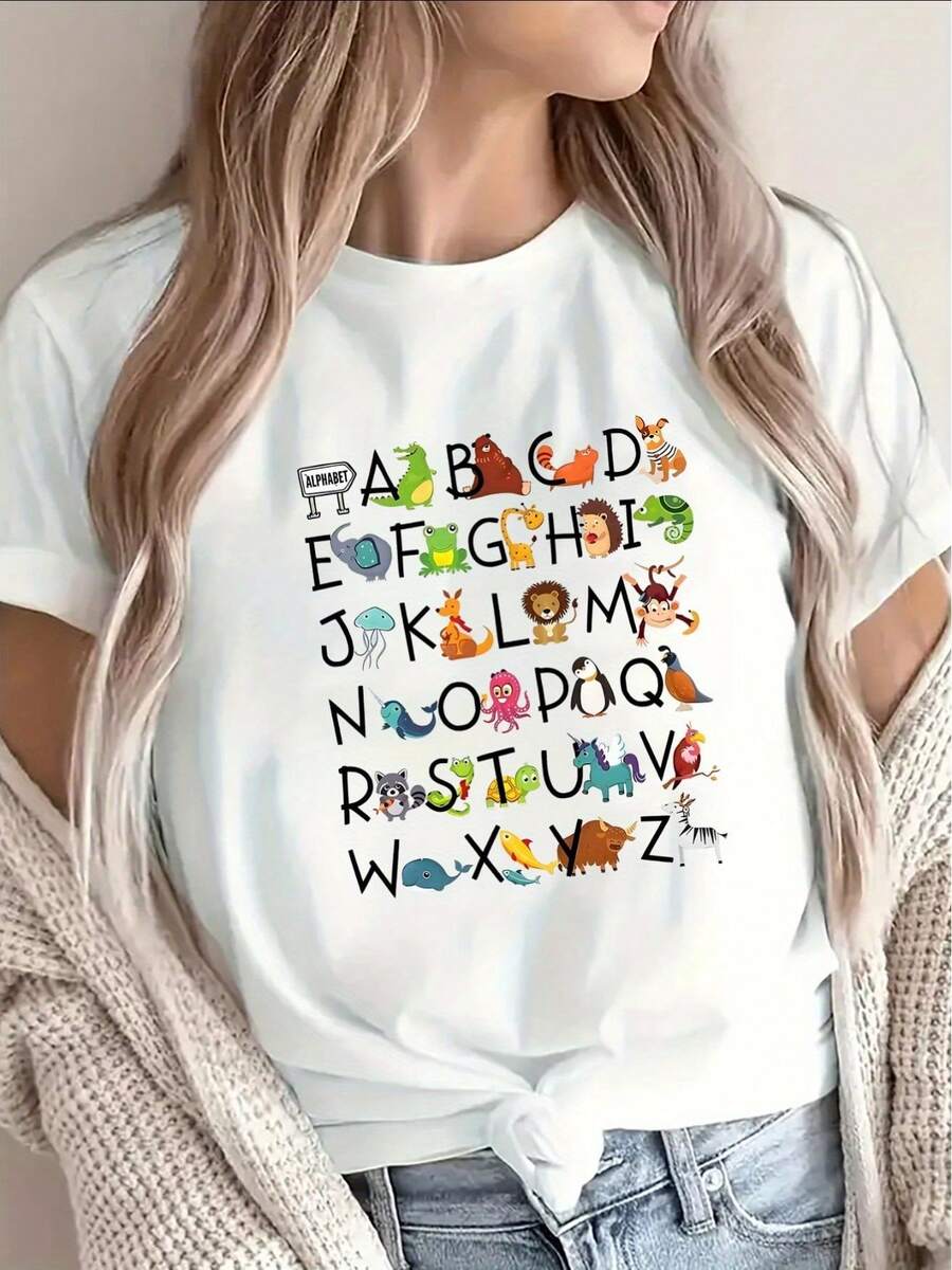 Black Polyester Short-Sleeved T-Shirt Decorated With Letter And Animal Prints, Suitable For Halloween Themes, Casual Wear At Home, And Parties. Lightweight And Durable, Ideal For Wearing In The Living Room Or Dining Room. 100% Cotton. - 白色 - 查看 1