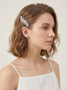 1 pieza Elegante clip para el cabello con decoración de hoja de strass, pasador francés de estilo botánico en tono plateado, accesorio para el cabello de novia para boda y fiesta de mujeres - Plateado - Ver 6