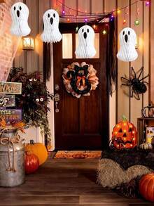 3pcs Halloween Ghost Honeycomb Hanging Decorations, Halloween Ghost Pendant, White Tabletop Centerpiece Paper Hanging Decor, 3D Cute Ghost Paper Lantern Tree Ornament, Halloween Party Porch Decoration, Halloween Party Window Spooky Haunted House Tabletop Decor (Rope Not Included) - A - View 7